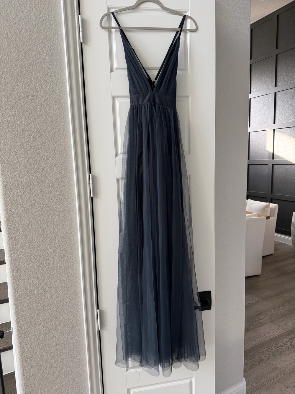 Luxxel charcoal gray evening dress with tulle accents